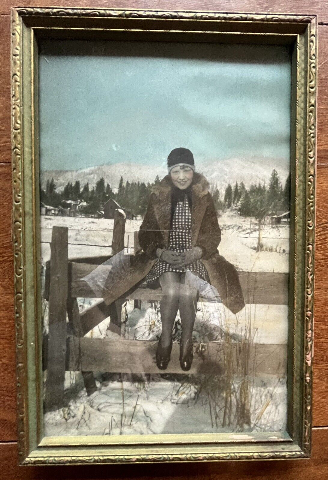 🔥Nice 12”x8” 1920s Tinted Photo Young Girl Sitting on a Fence Wintry Landscape