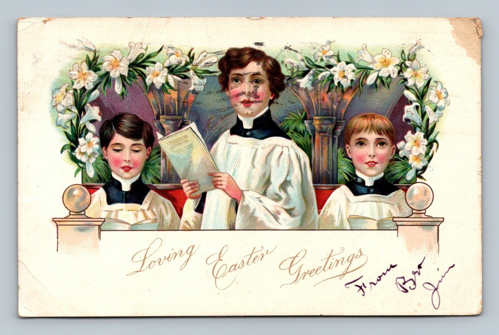 Vintage 1907 TUCK'S LOVING EASTER GREETINGS Embossed Postcard CHOIRBOYS Posted