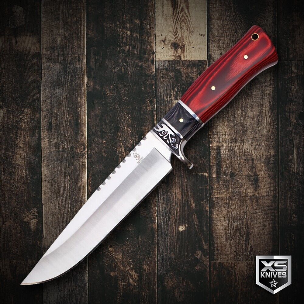 Buckshot Fixed Blade Red Wood Floral Handle Tactical Hunting Knife w/ Sheath 12\