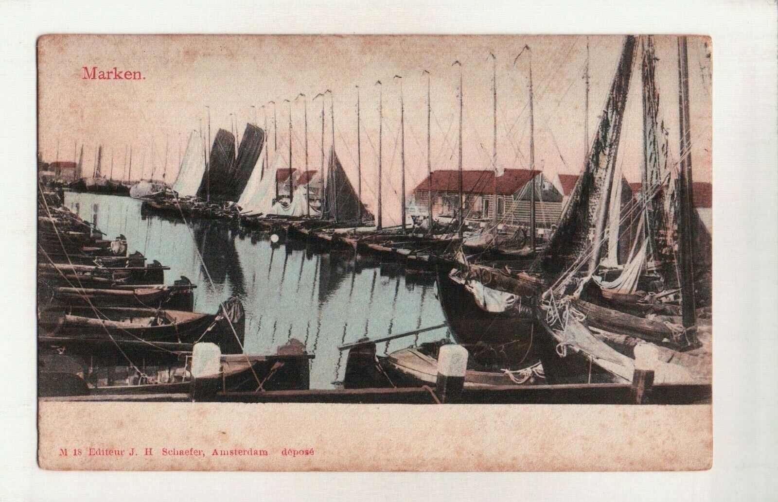 c1905 UDB Marken Amsterdam Netherlands Harbor Sail Boats Postcard Island Colored
