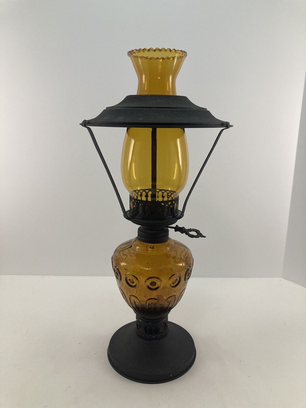 VTG Amber Glass Black Metal Oil Lamp w/ Chimney Wick SailBoat Brand (More Avail)