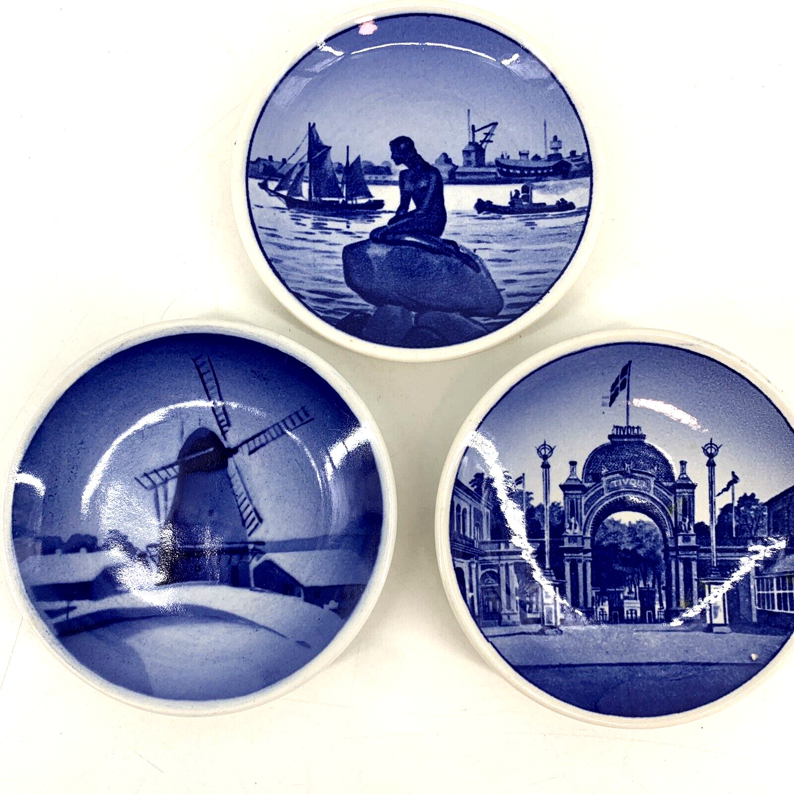Vintage Royal Copenhagen Danish LOT 3 Mini Porcelain Plates Wall Hanging Blue