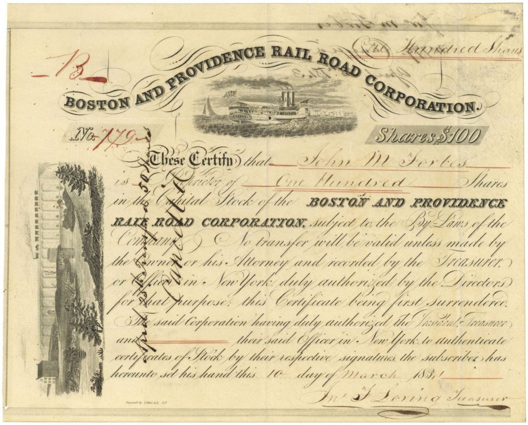 Boston & Providence Rail Road Corp. Issued to John M. Forbes - 1841 dated Autogr