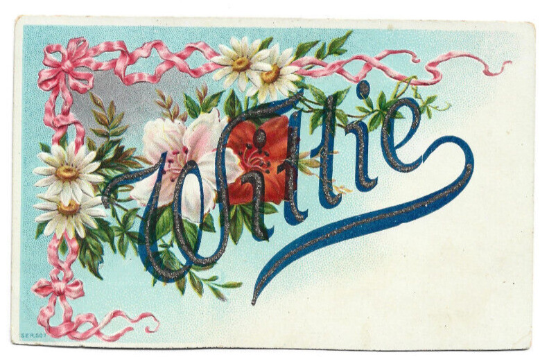 Antique Postcard Flowers Ribbon WITTIE Vintage Daisy Name UNUSED Q-52