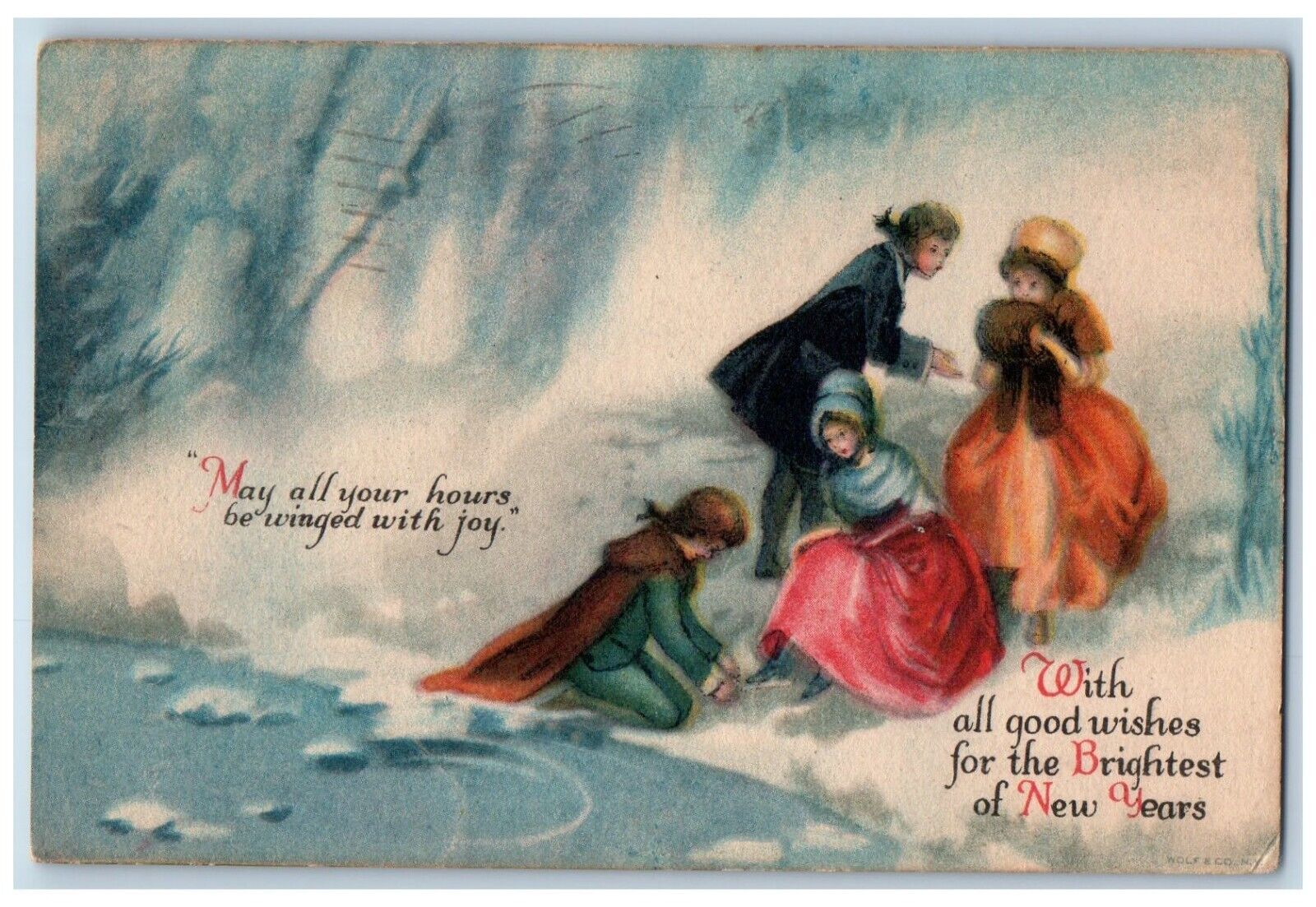 Wolf Artist Signed Postcard New Year Couples Scene Winter Anoka Minnesota MN
