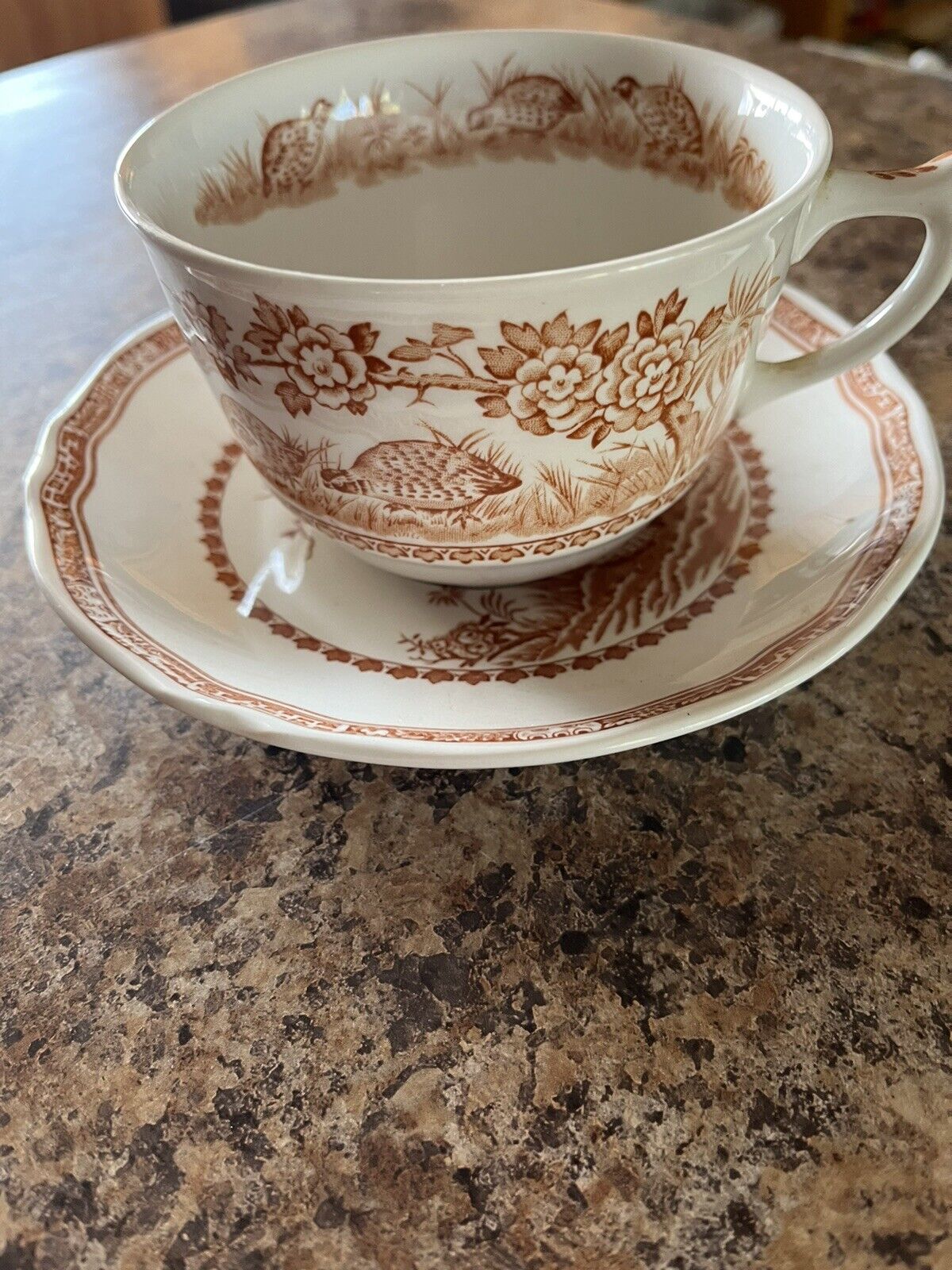 Furnivals 1913 Brown Transferware Quail Breakfast Cup and Saucer