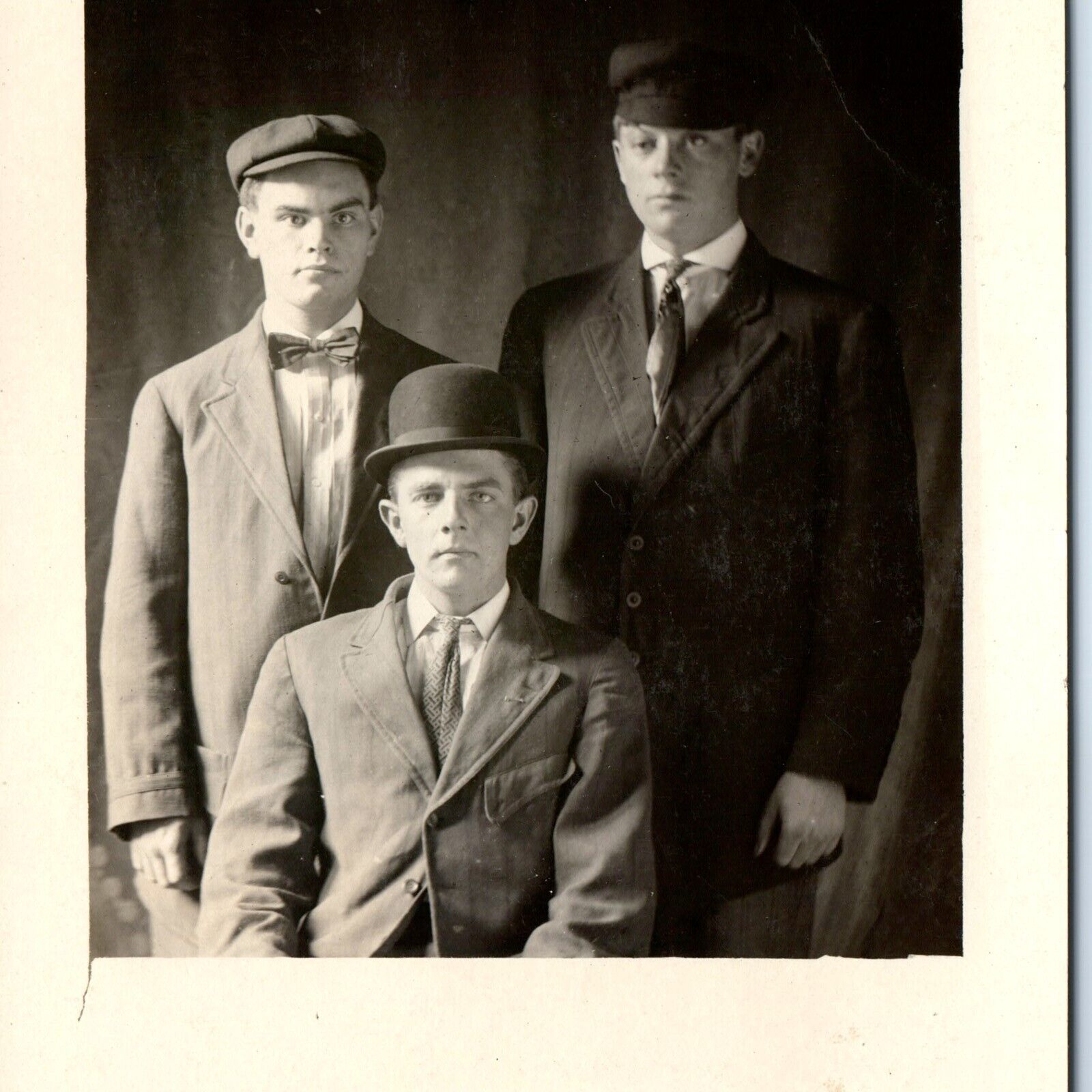 c1910s Handsome Young Men RPPC Classy Different Hats Real Photo Bowler Boy A159