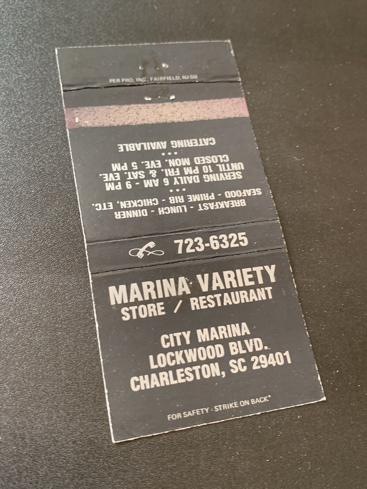 Vintage South Carolina Matchbook: “Marina Variety Store” Charleston, SC