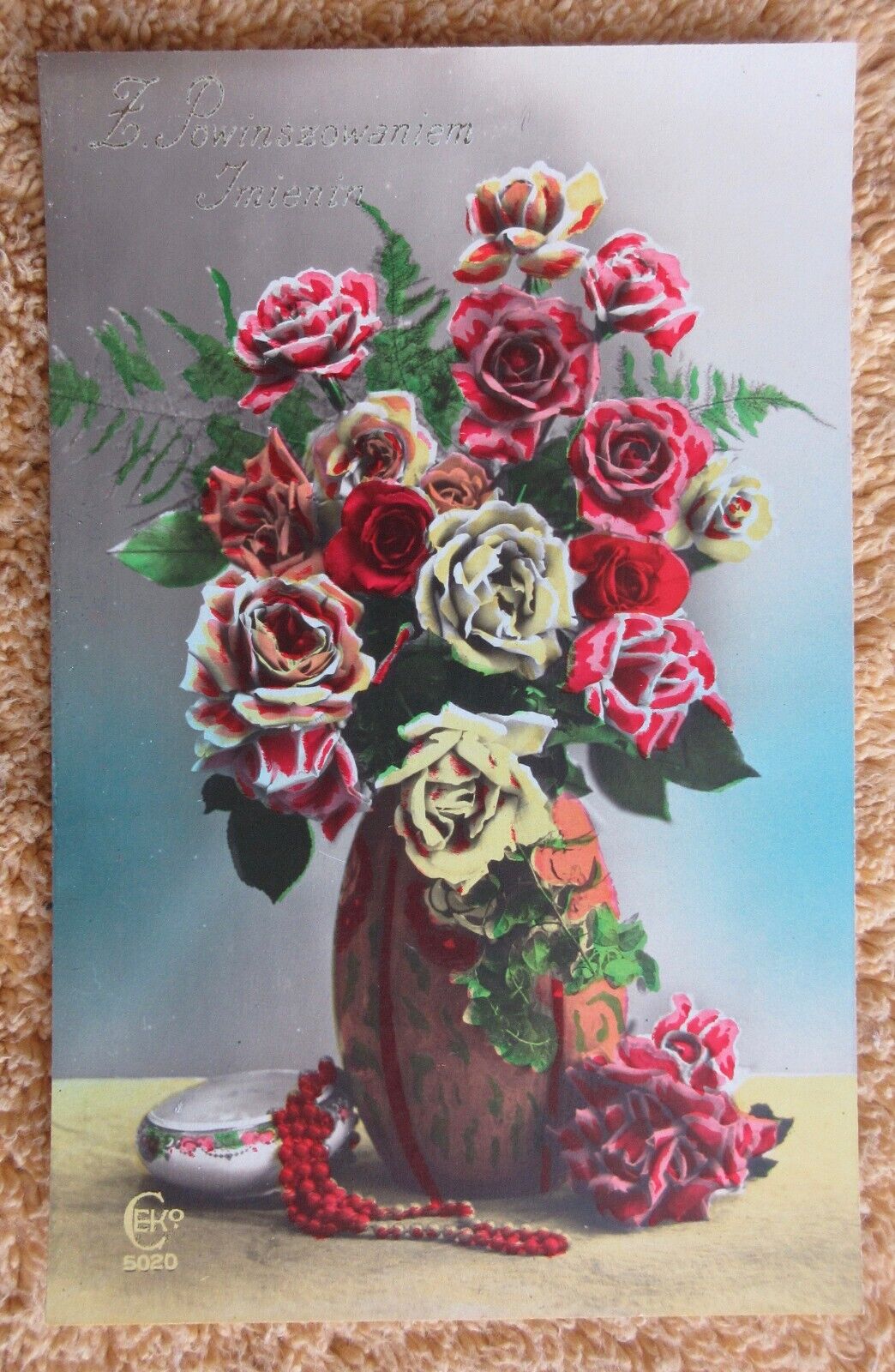 VINTAGE VASE WITH  ROSES TINTED HAPPY NAME DAY GREETING POSTCARD