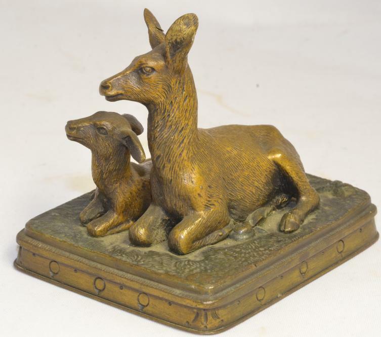 Antique 19c Miniature Bronze Deer and Fawn Sculpture Figure Nice old patina
