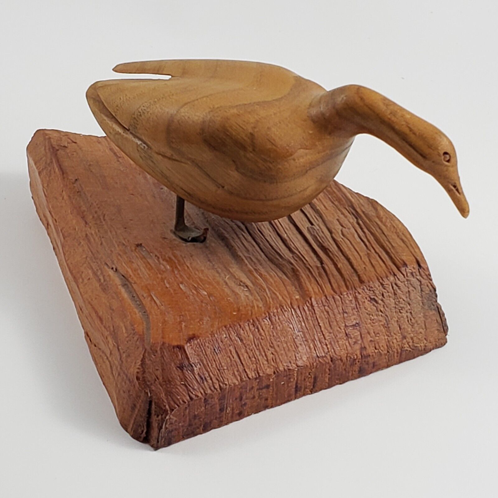Vintage Hand Carved Wooden Duck Figurine Drift Wood On Stand Signature of Carver