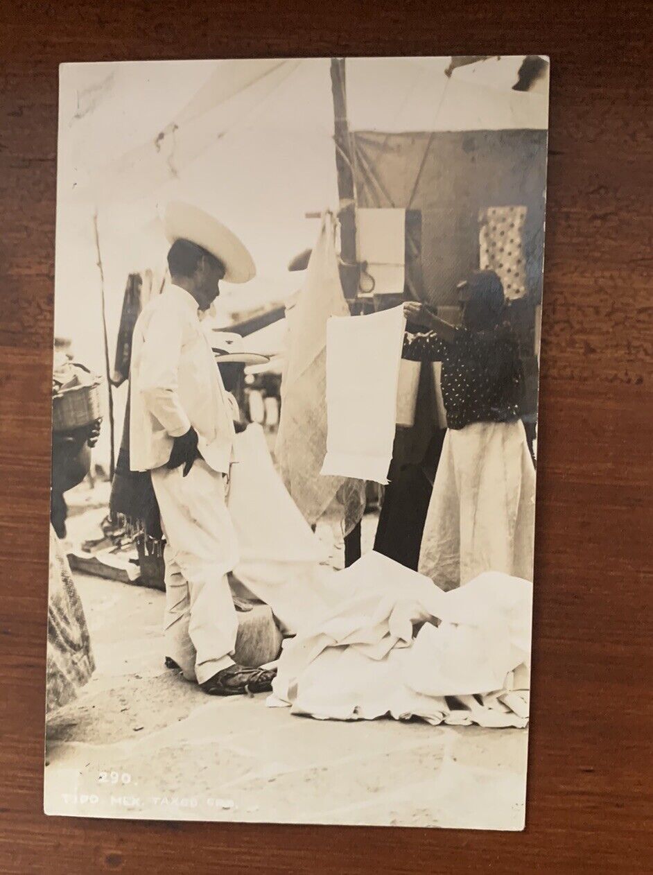 RPPC Tipo Taxco Guerrero Mexico Woman selling linens Postcard c. 1940s