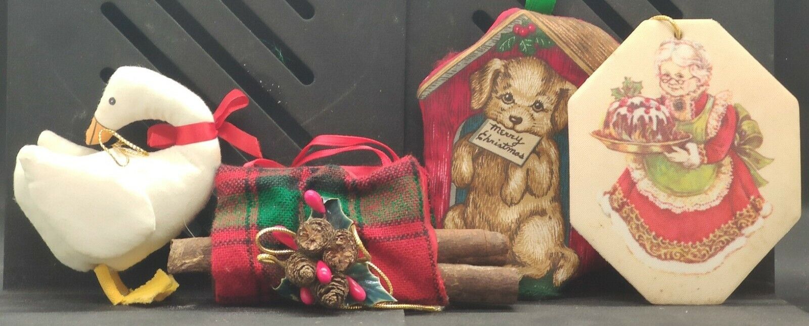 4 Vintage Handmade? Christmas Ornaments- Goose, Dog, Mrs.Claus & Log Carrier