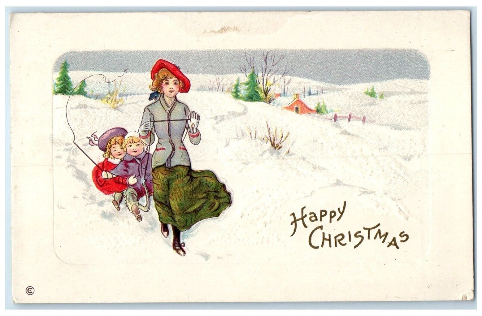 1917 Christmas Mother Pulling Kids In Winter House Embossed Antique Postcard