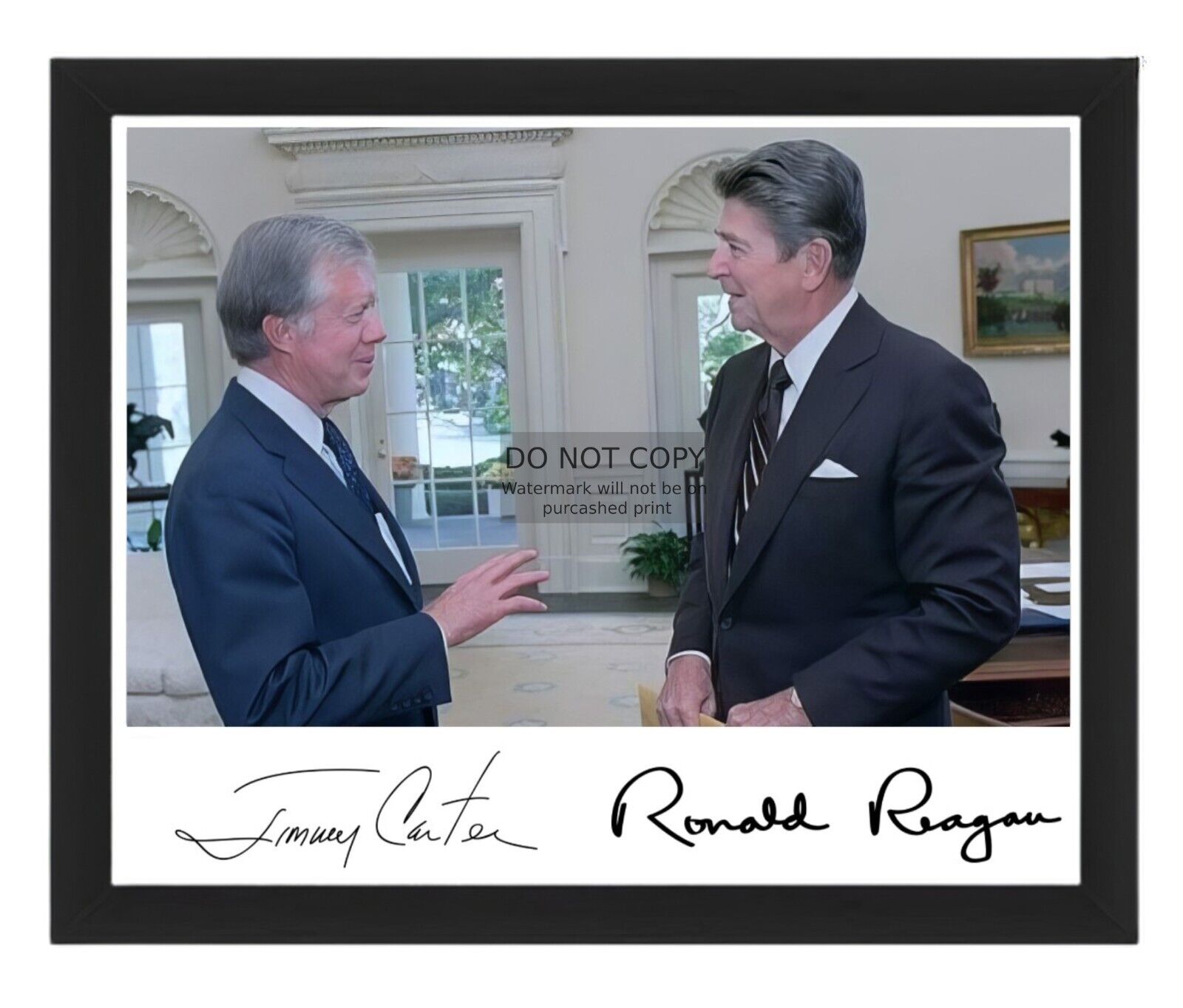 PRESIDENT RONALD REAGAN AND JIMMY CARTER IN THE OVAL OFFICE 8X10 FRAMED PHOTO