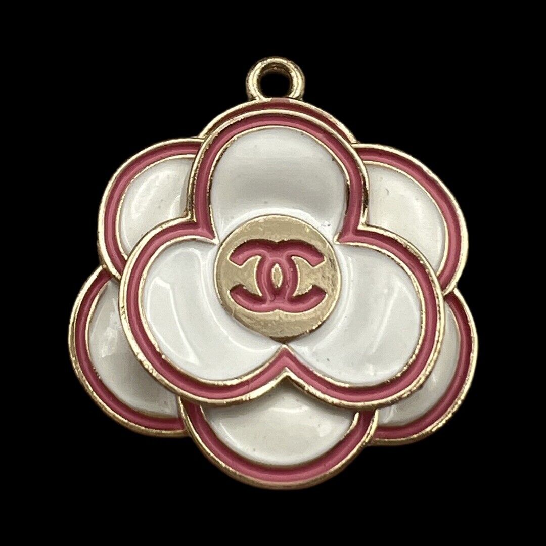 Stamped CHANEL Camelia Zipper  Pull Button Charm Pink And Gold Flower 30mm