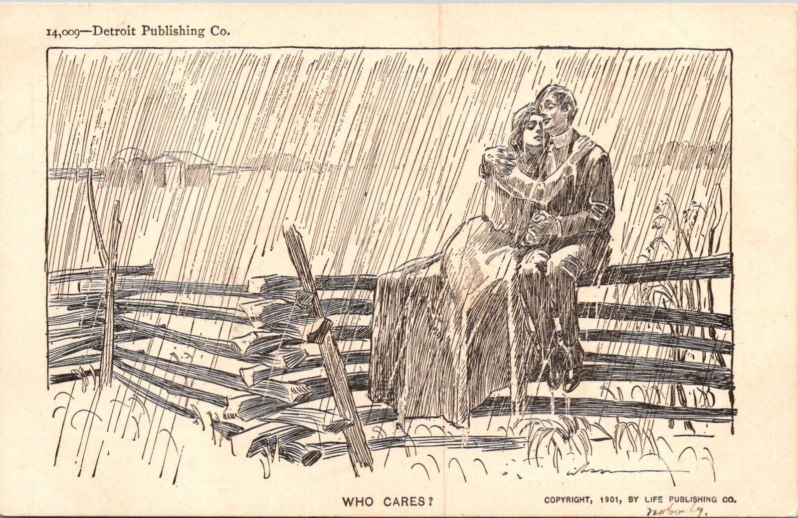 Antique 1901 Romance Postcard Artwork Man & Woman Embraces on Fence Detroit Etch