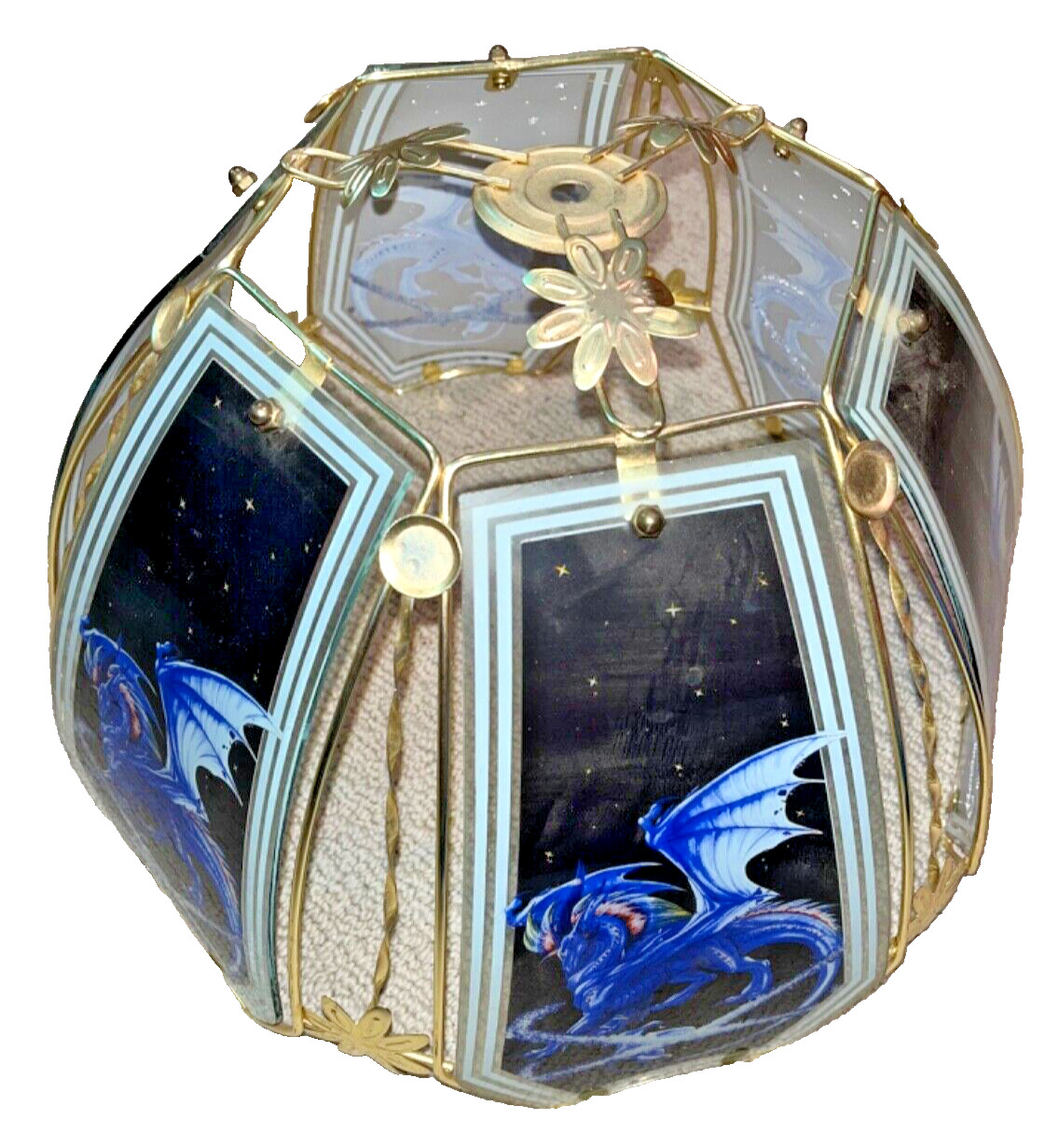 OK Lighting Lamp Shade Blue Dragon 6-Panel Glass Vintage EUC Fantasy Medieval
