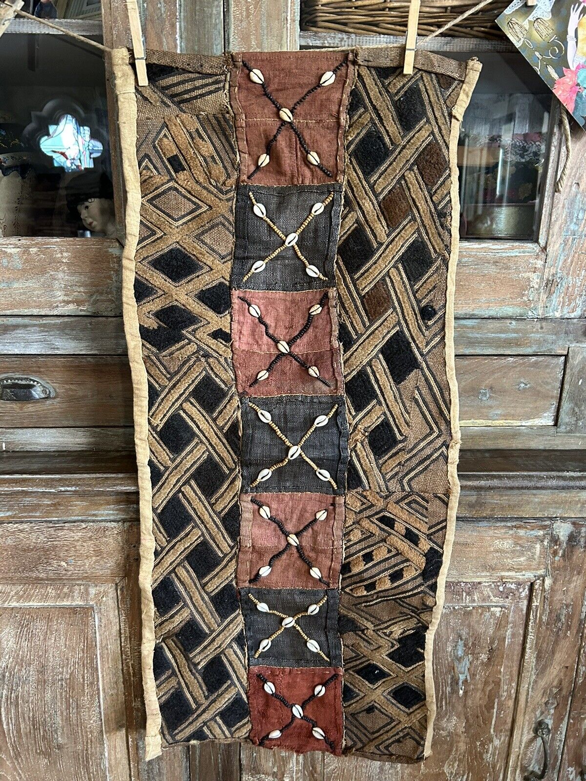 Long Vintage African Kuba Cloth with Shell Detail 16x36 Inches