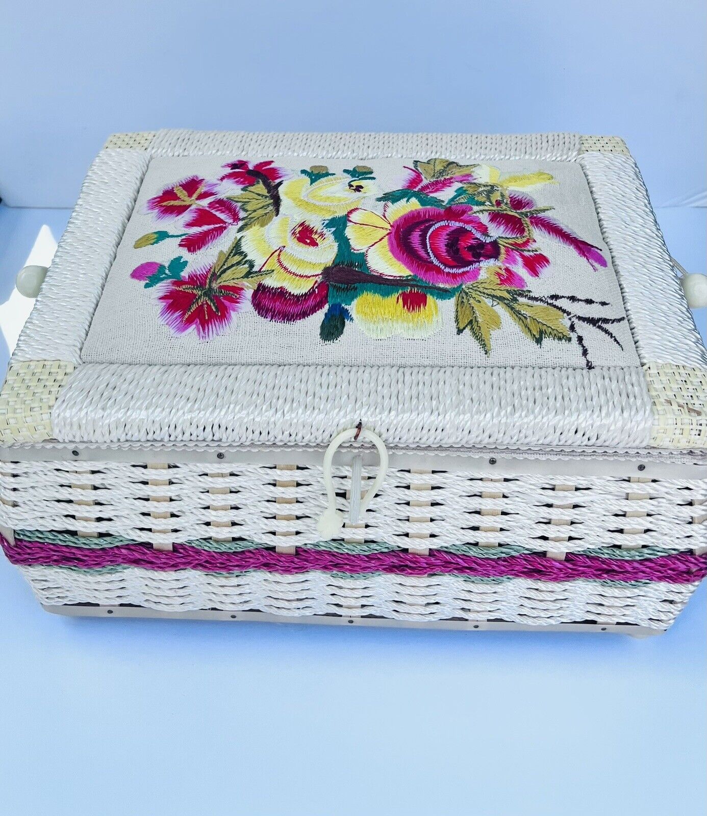 Large Vintage Beige Floral Chenille Embroidered Padded Sewing Box