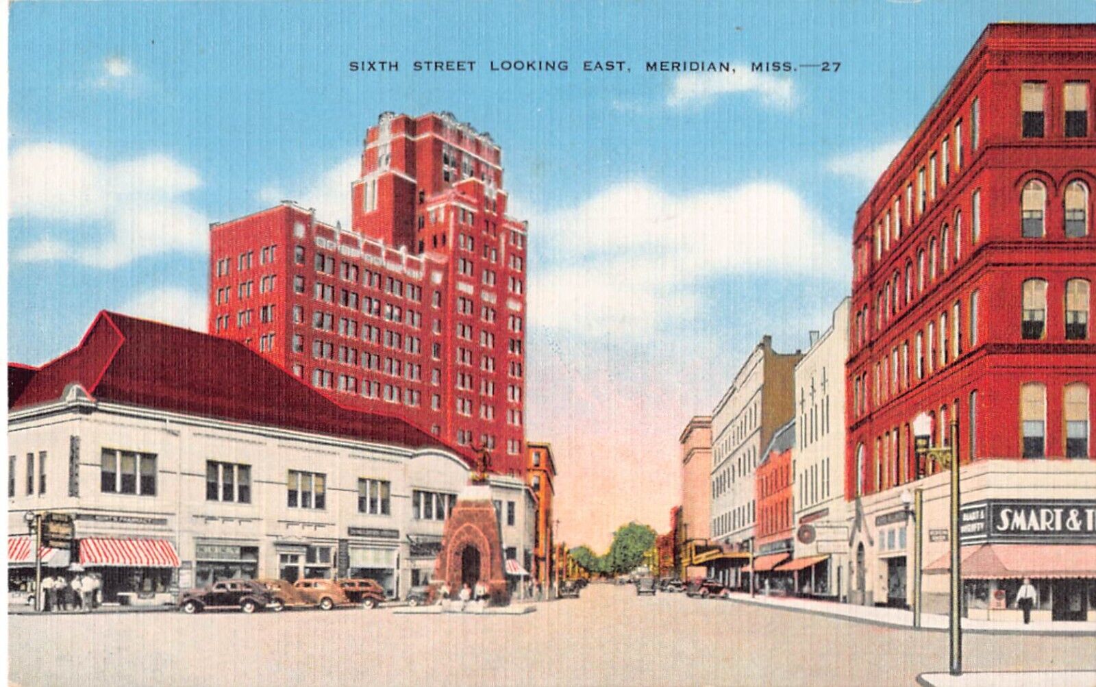 Businesses on Sixth Street Looking East, Meridian, Mississippi-Old Postcard