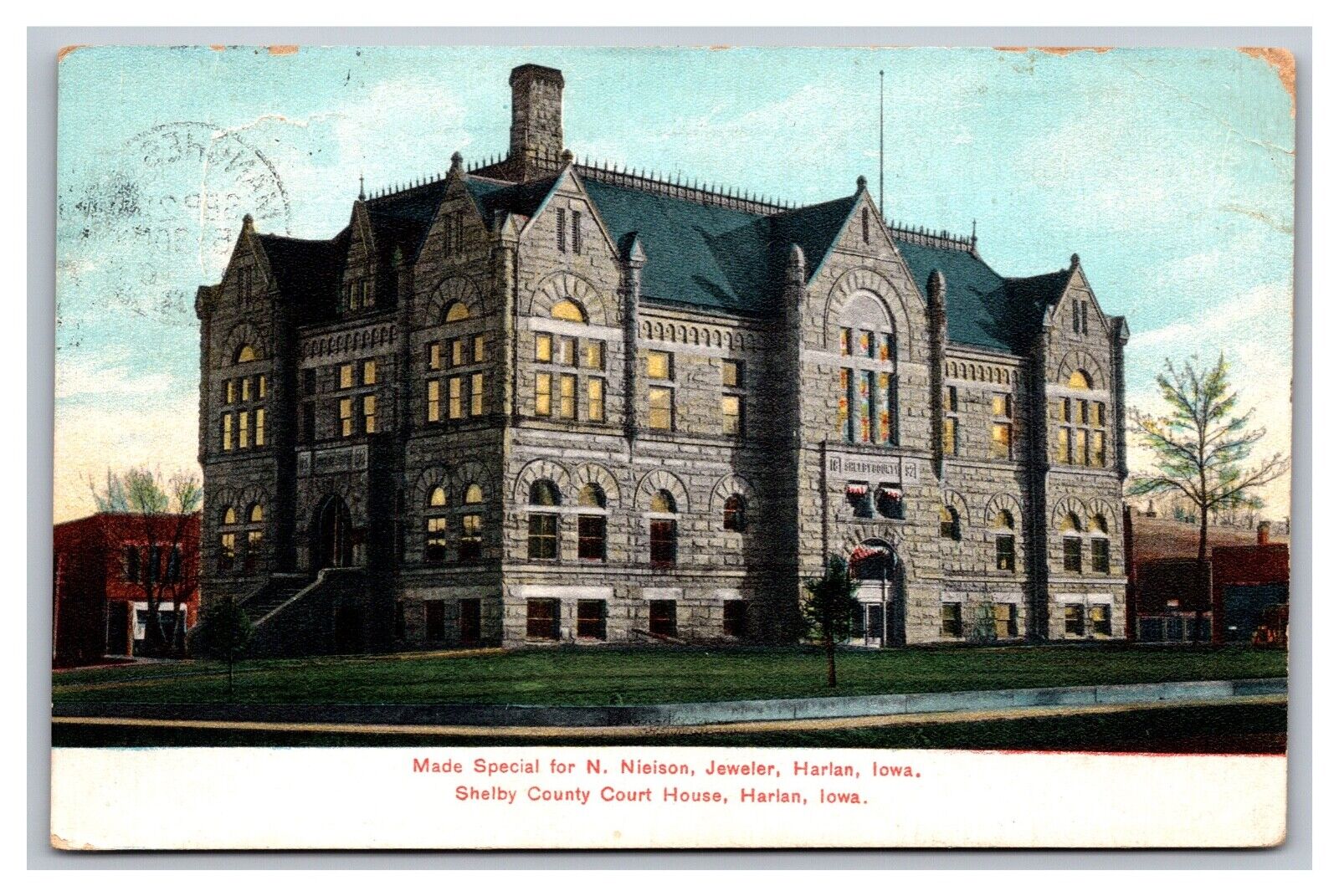 Harlan Iowa Shelby County Court House for Nielson Jewelry Postcard Posted 1907
