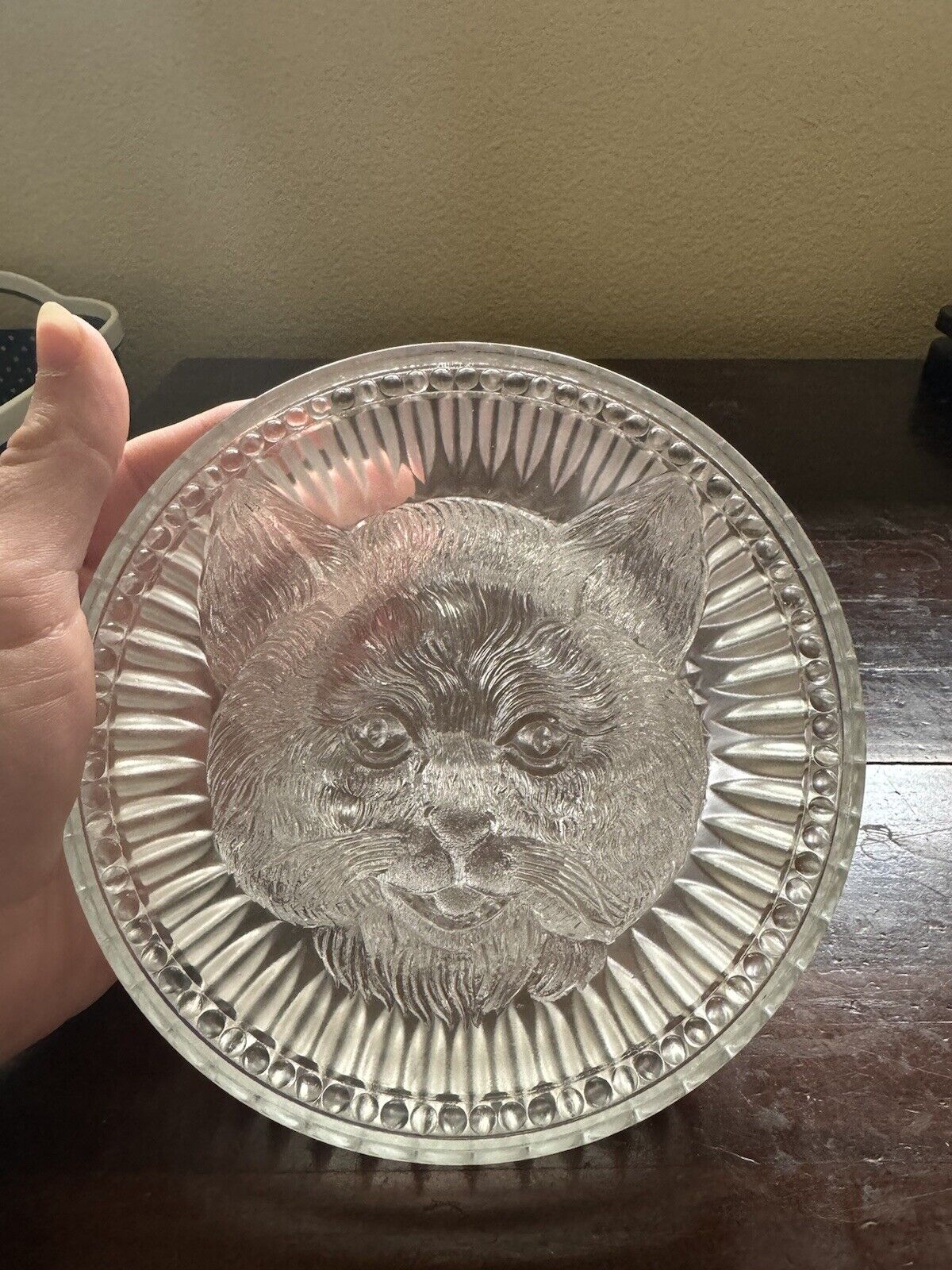 Antique Child\'s Crystal Clear Glass Cat Plate Bowl, EAPG, Columbia Glass Ohio 