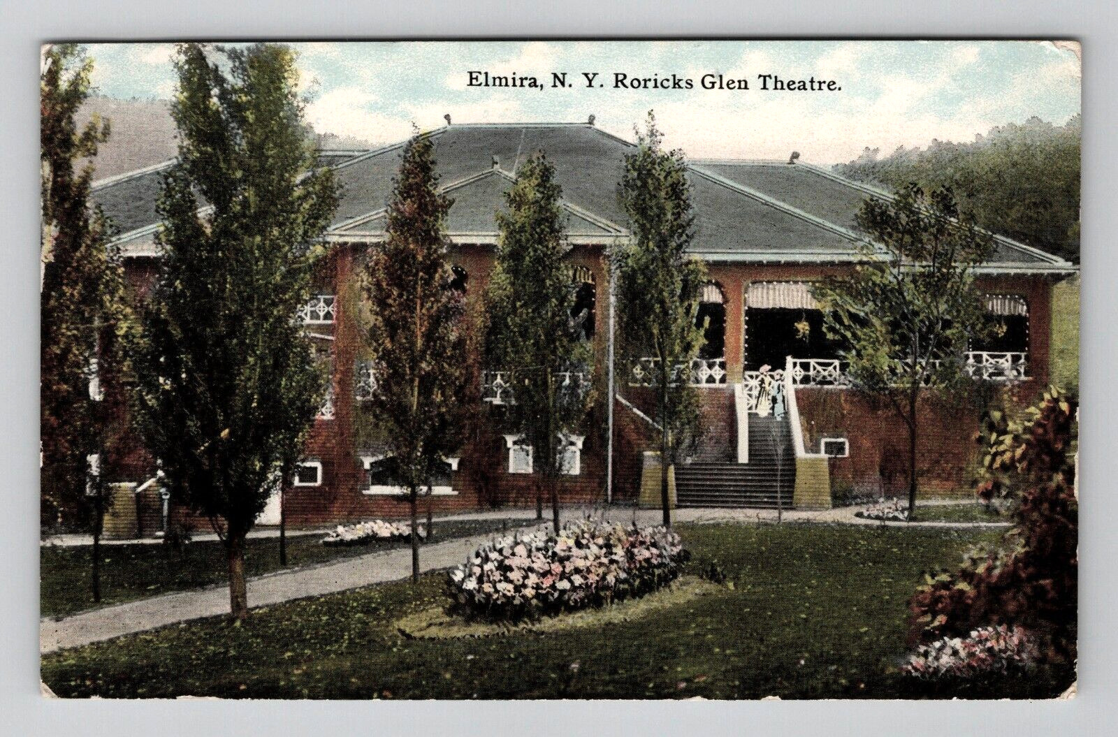 Postcard 1913 NY Roricks Glen Theatre Playhouse Street View Elmira New York