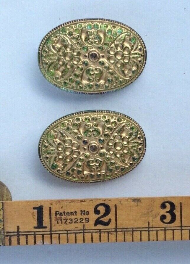 FOCAL XL 45mm Vintage Czech Glass Metallic Green AB OVAL GOLD Wash Buttons 2pc 