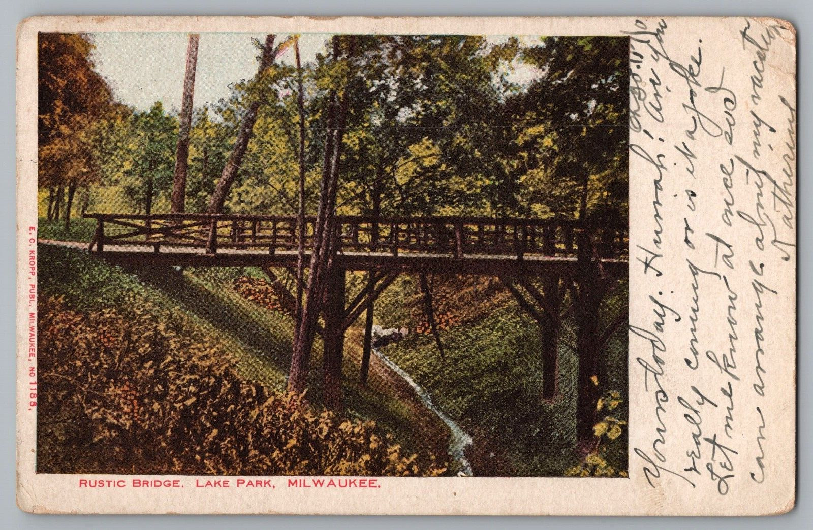 Postcard Rustic Bridge, Lake Park, Milwaukee, Wisconsin c1900