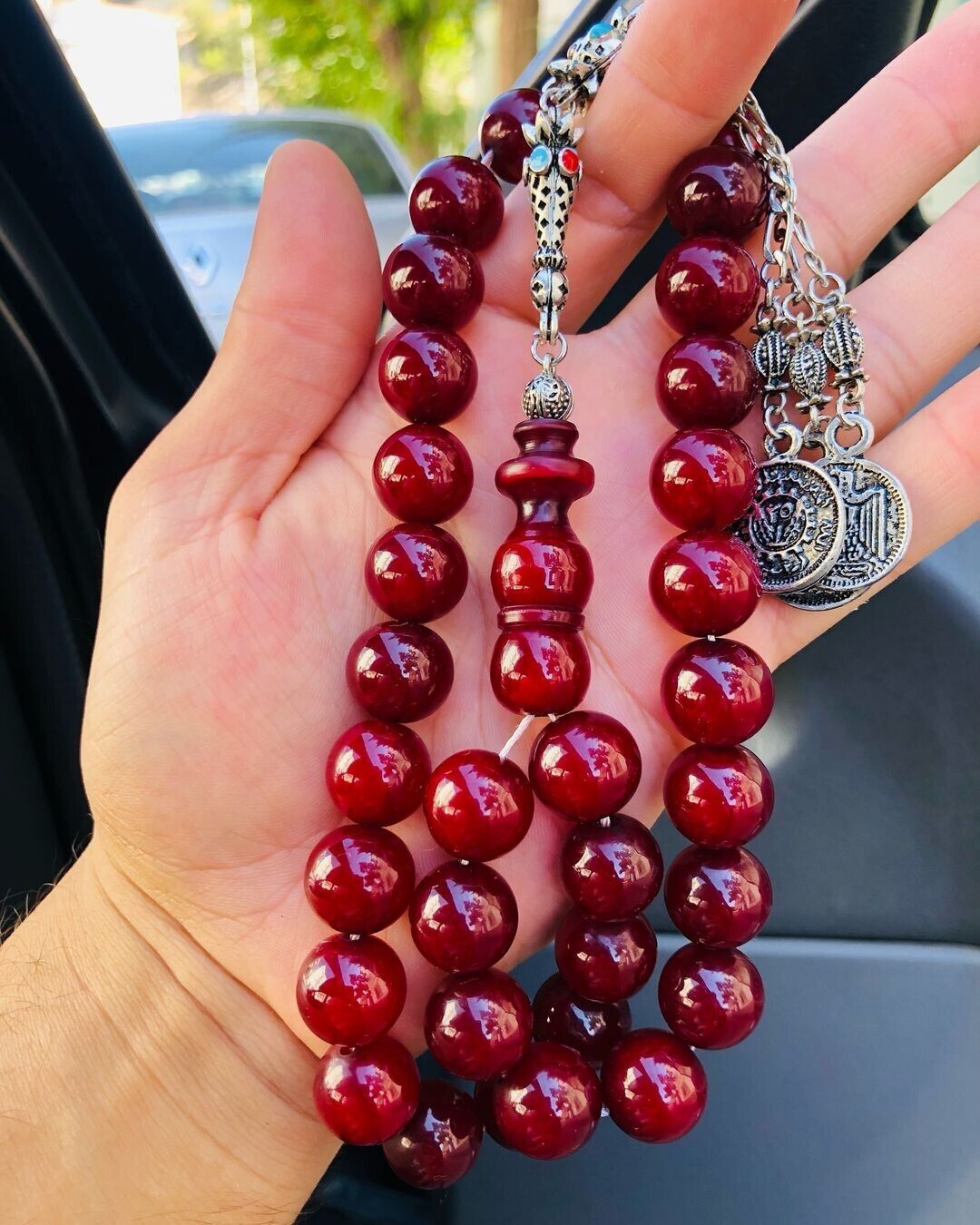 Amazing Islamic Prayer Great Bakelite Amber Rosary.14x14mm.33 beads.Tasbih