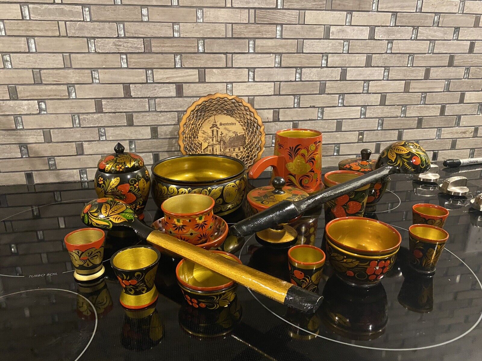 large russian khokhloma set vintage folk art handmade wood painted dishes 17 Pcs