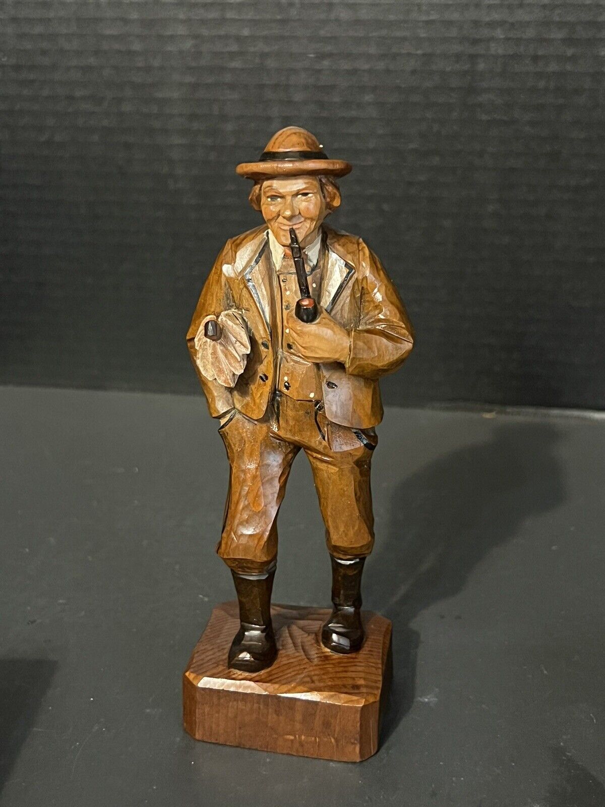Vintage 20th Century Wooden Carving Old Man with Pipe And Umbrella 7.5” Tall