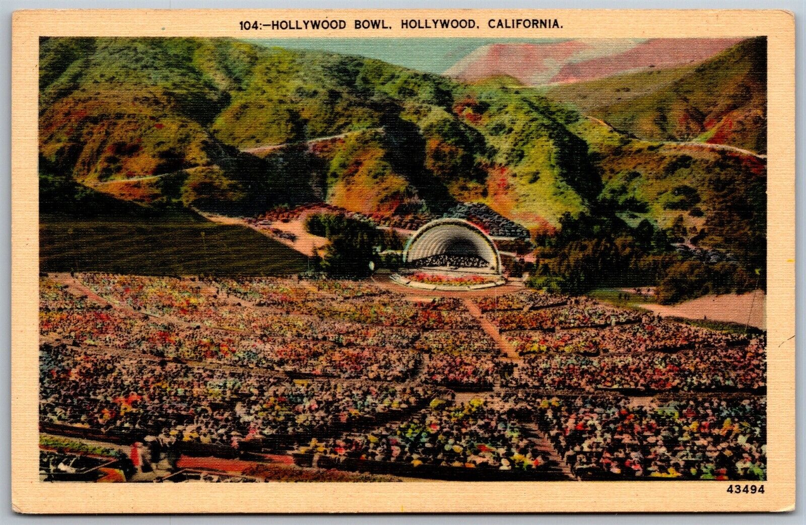 Vtg Hollywood California CA Hollywood Bowl Outdoor Amphitheatre 1930s Postcard