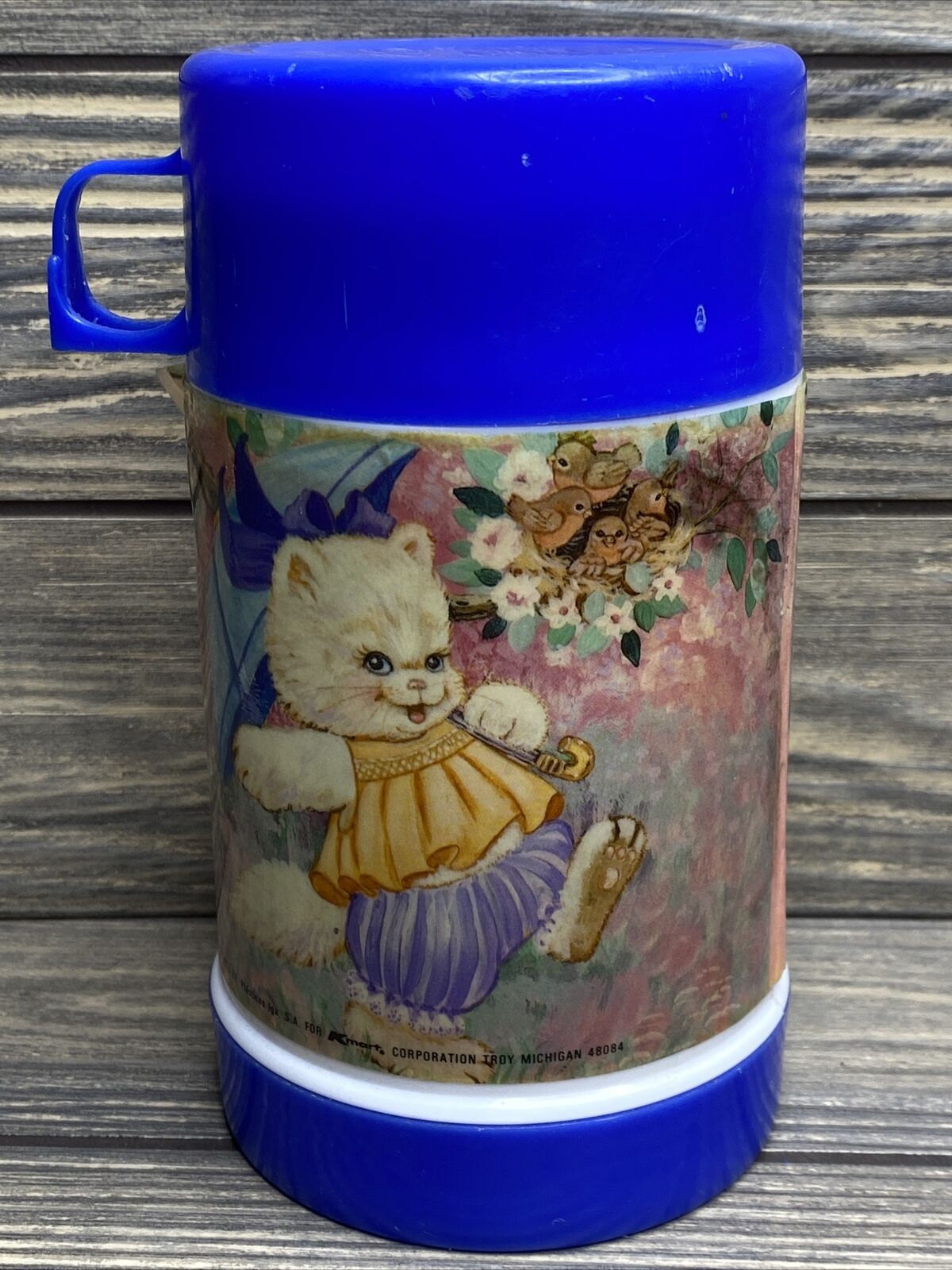 Vintage IGA Made For Kmart Lunch Box Thermos Bottle Jar Blue Kittens Flowers