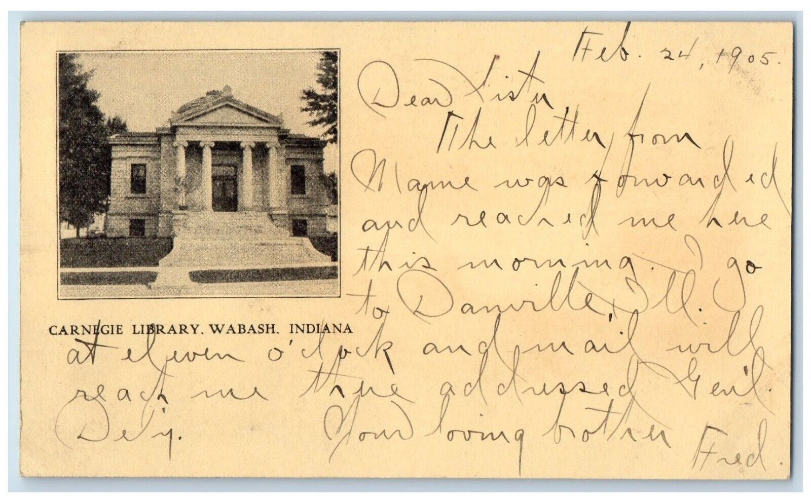 1905 Carnegie Library Exterior Building Wabash Indiana Vintage Antique Postcard