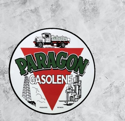 Paragon Gasoline Porcelain Enamel Heavy Metal Sign 30 Inches Double Side
