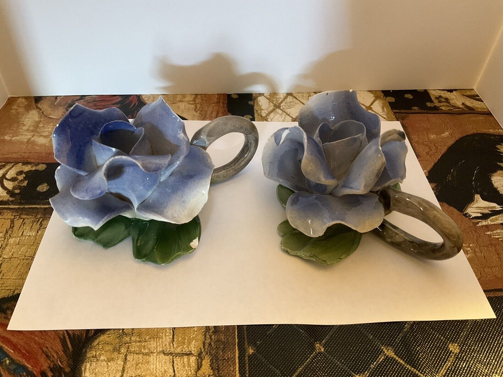 One Pair Of Vintage Blue Napoleon Capodimonte Roses Candle Holders As-Is