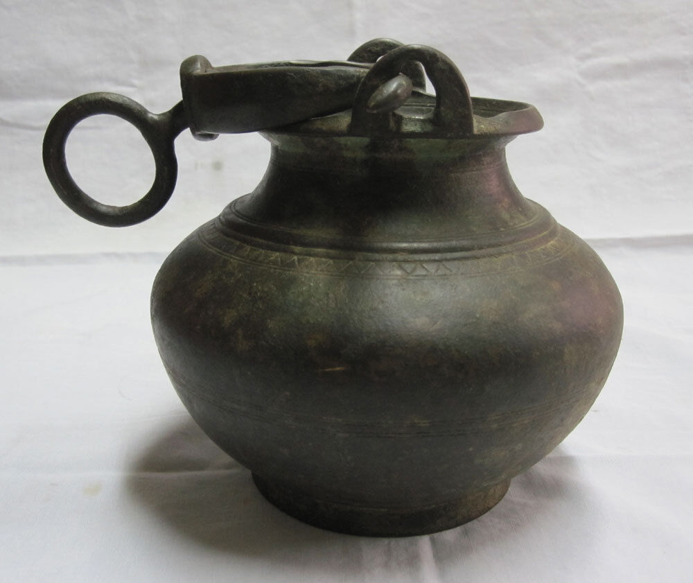 An old antique 18th C solid brass hindu ritual lota vessel with handle and ring