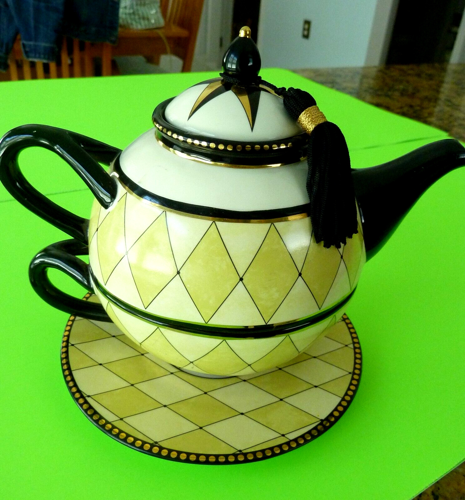 Mud Pie Teapot w/Saucer Gilded Gold Harlequin Nautical Star Yellow Black 2-in-1
