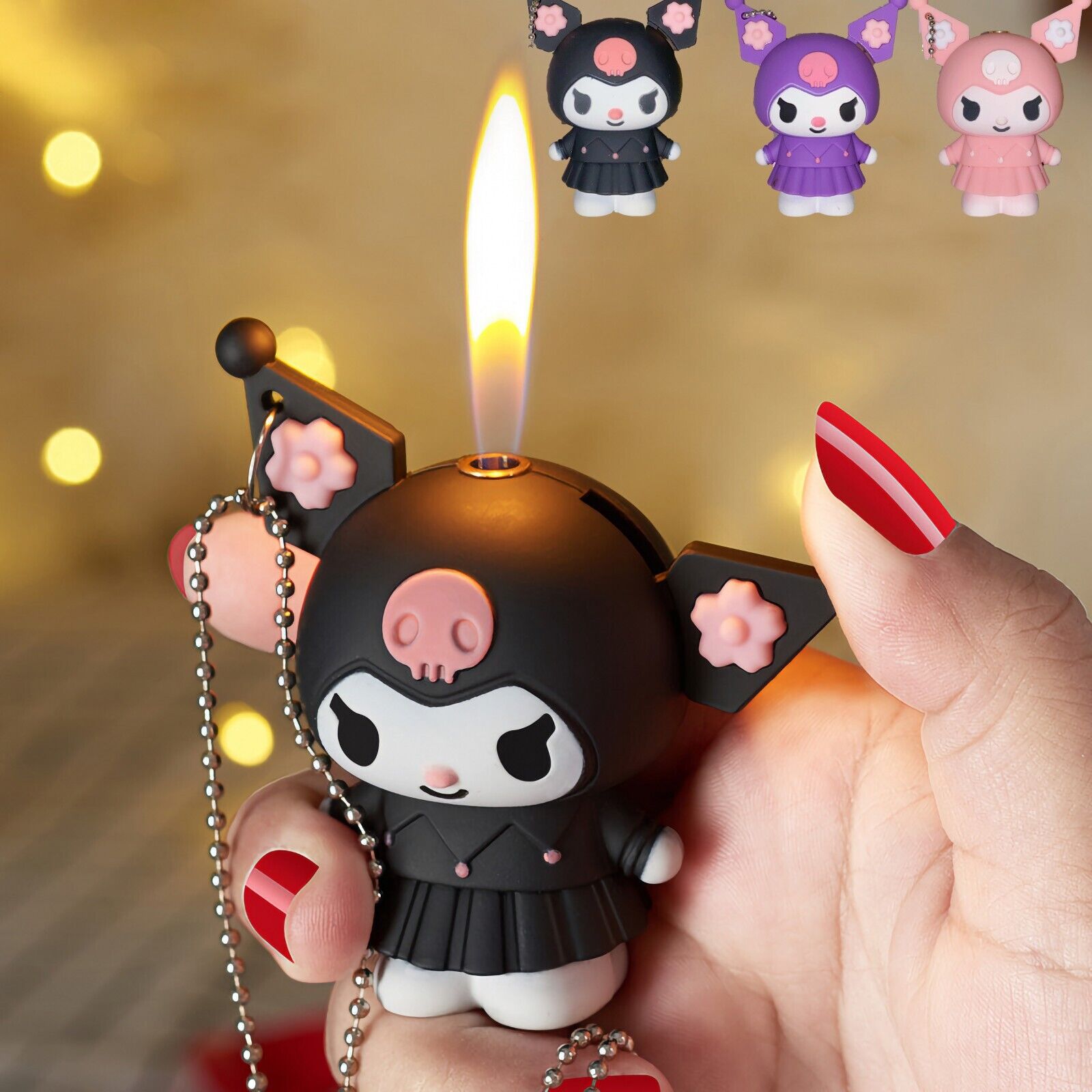Kuromi Lighter Cute Cool Kawaii Anime Lighter and Keychain Set(Black Pink Purple