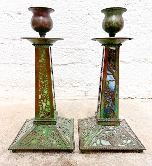 Pair of Riviere Studios Grapevine Slag Glass Bronze Candlesticks c1920