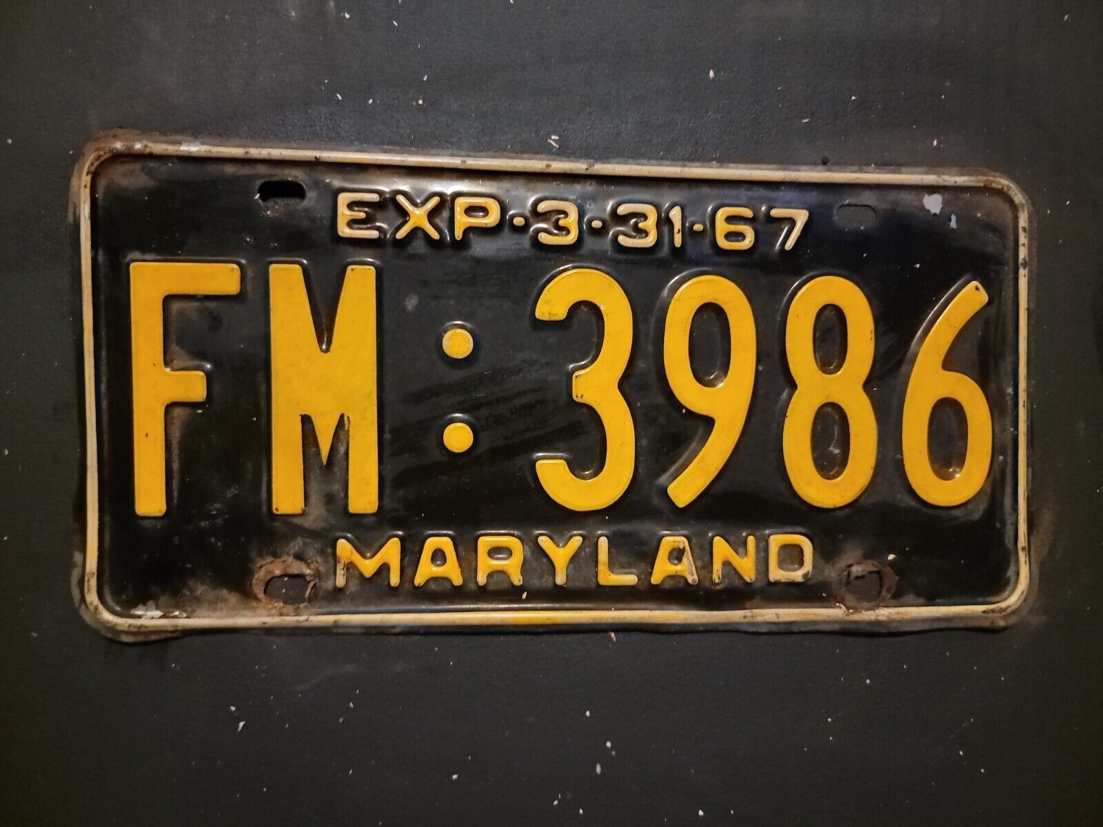 Vintage 1967    MARYLAND    License Plate  FM : 3986