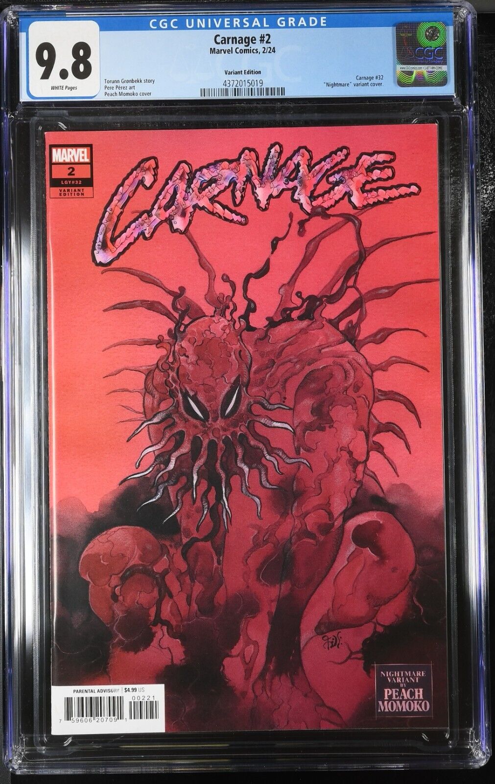 Carnage #2 CGC 9.8 Peach MoMoKo Nightmare Variant Cover Marvel 2023 White Pages