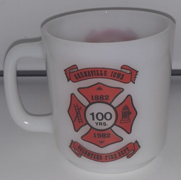 Vintage Volunteer Fire Dept. Mug GARNAVILLO IOWA 100 Years 1982 GLASBAKE Milk