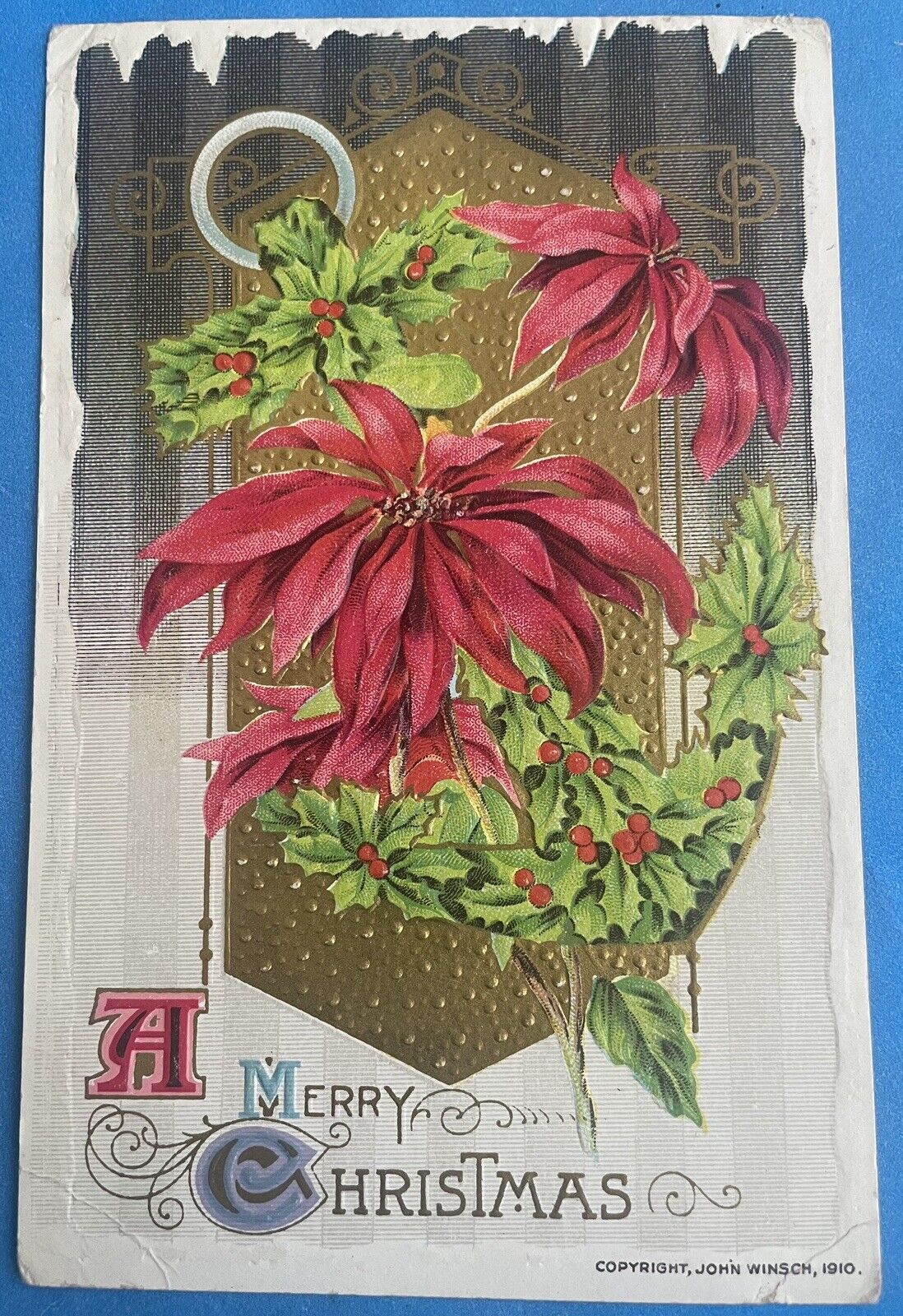 Antique John Winsch 1910 Christmas Postcard Poinsettia Holly Embossed