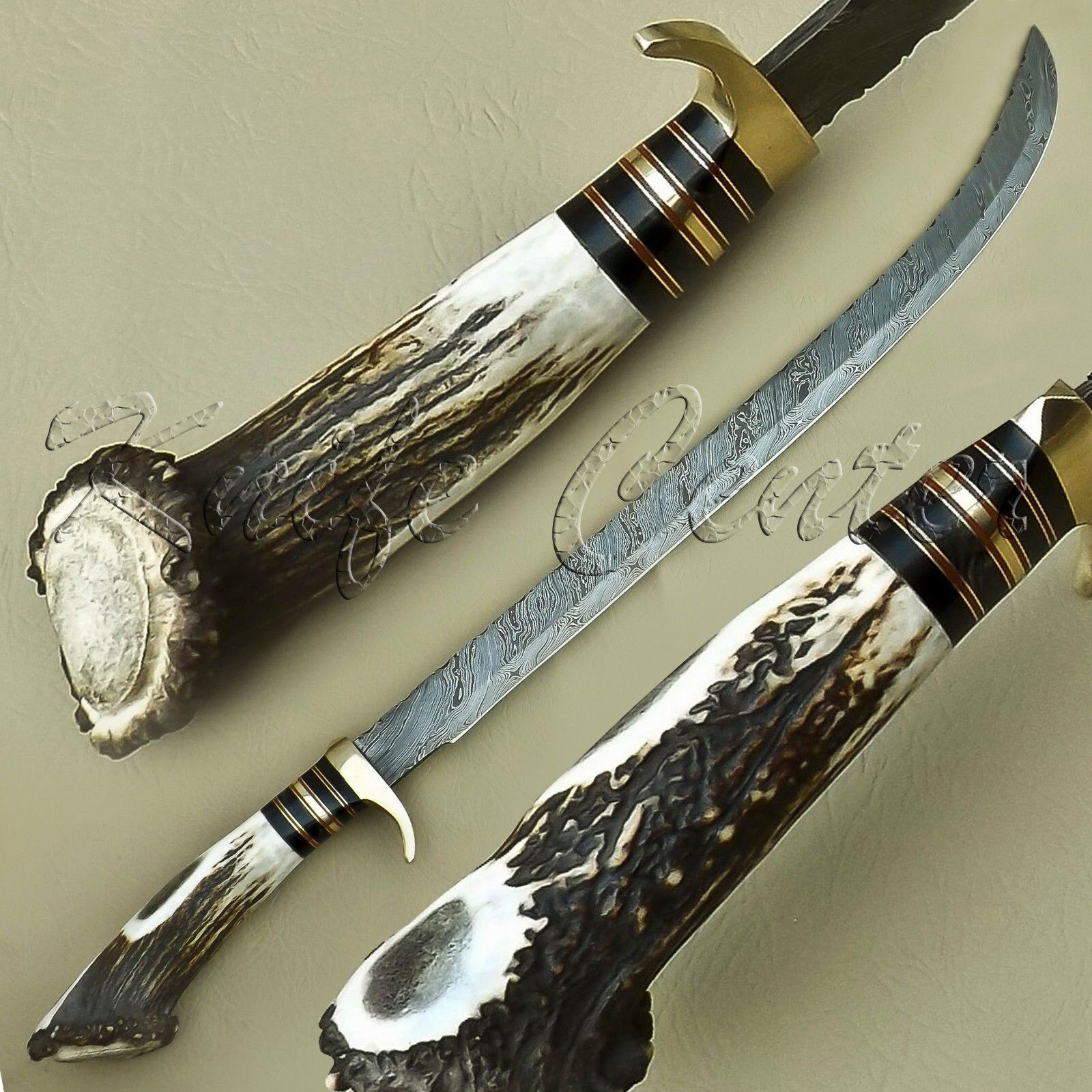 BEAUTIFUL CUSTOM HAND MADE DAMASCUS STEEL HUNTING SWORD KNIFE / STAG HANDLE 550