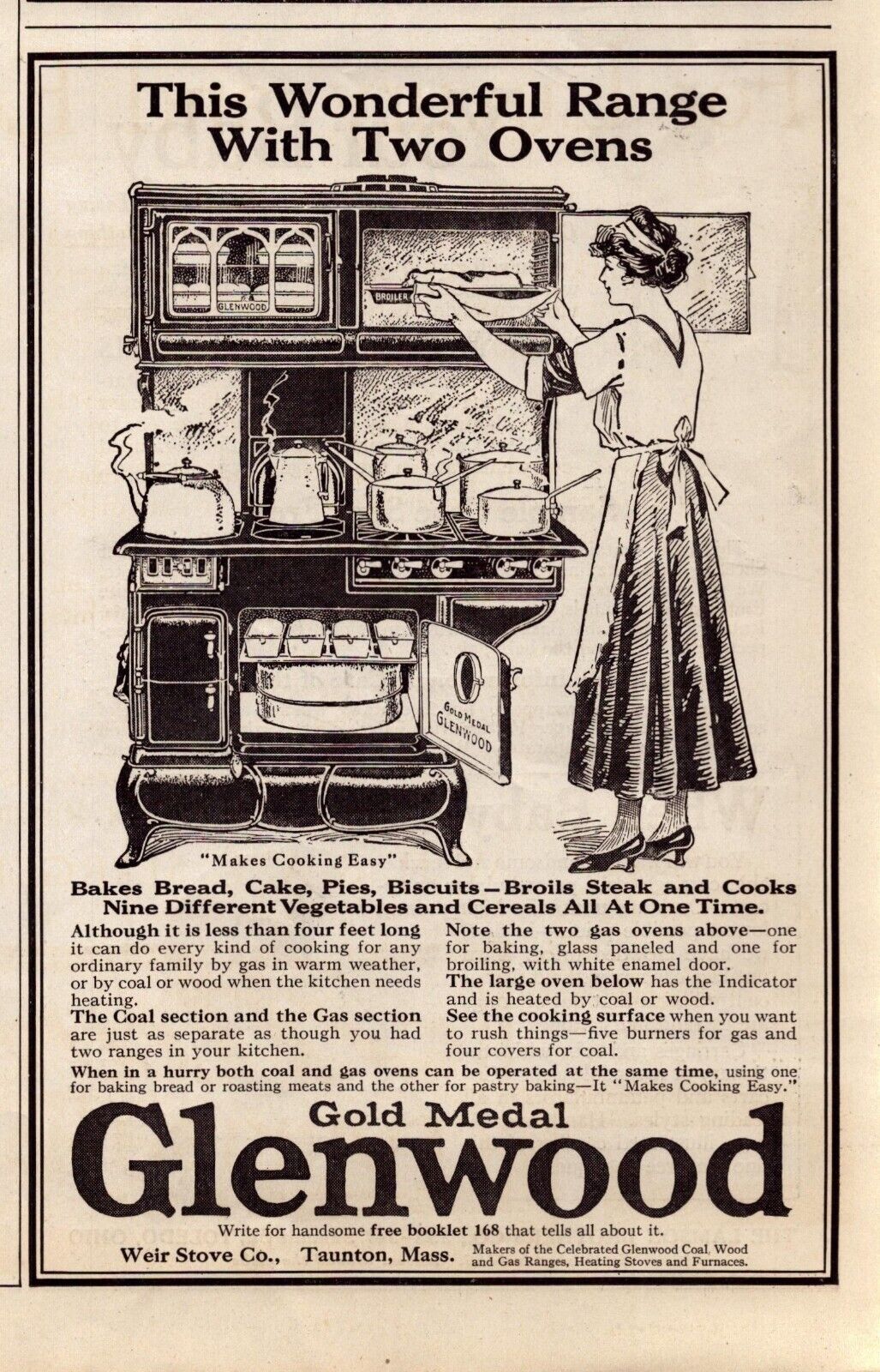 1920 Glenwood Gold Medal Range Print Ad With Two Ovens Housewife Baking