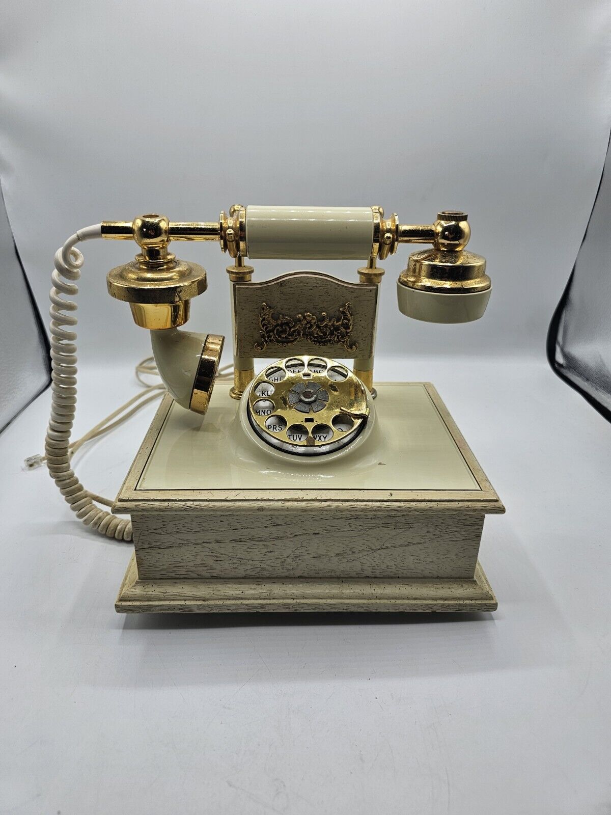Vintage Deco-Tel French Provincial Style Cream Gold Brass Rotary Phone Untested