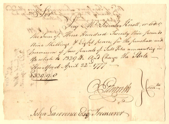 Oliver Ellsworth signed Revolutionary War Pay Order - Connecticut Revolutionary 